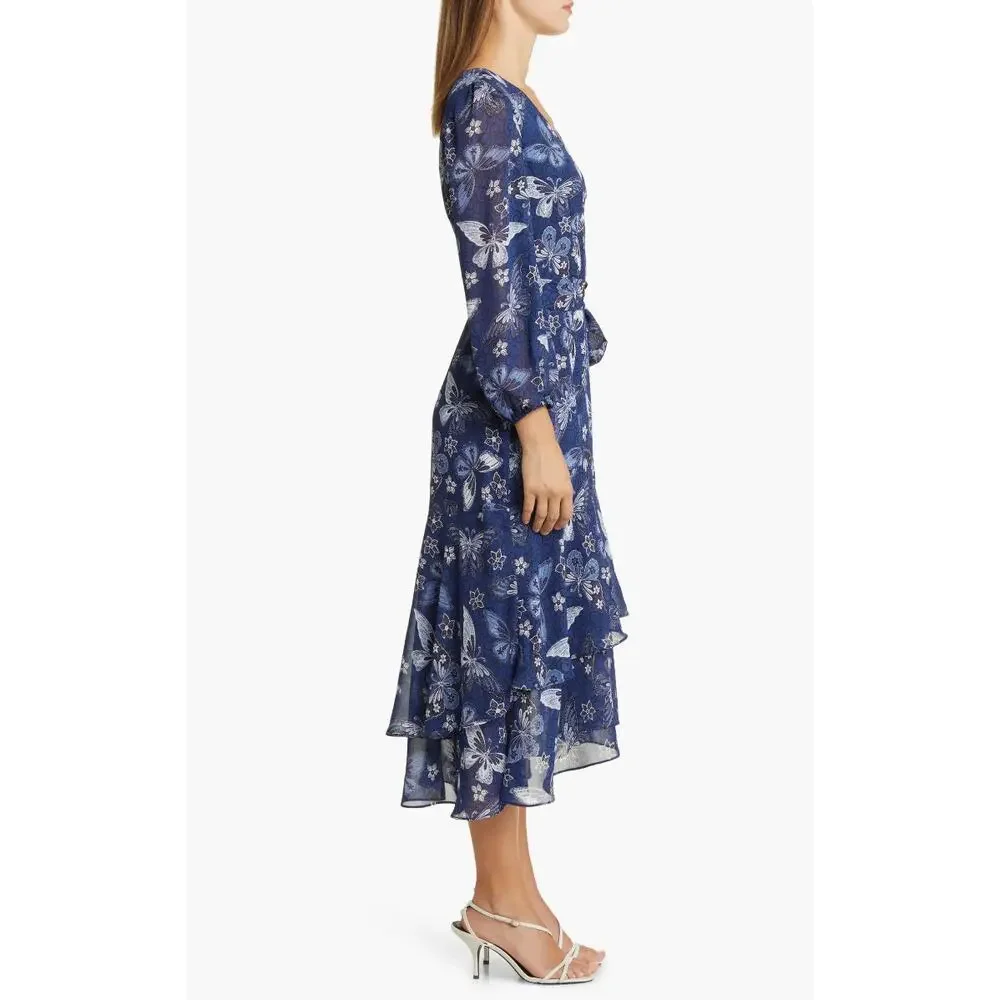 Eliza J Floral Long Sleeve Faux Wrap Midi Dress Blue Butterfly Floral New Size 4 - Picture 3 of 11